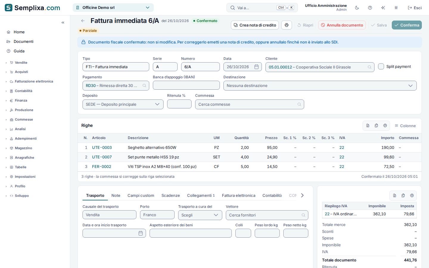 Scheda di una fattura immediata in Semplixa.com: testata con cliente e pagamento, righe articolo e riepilogo IVA