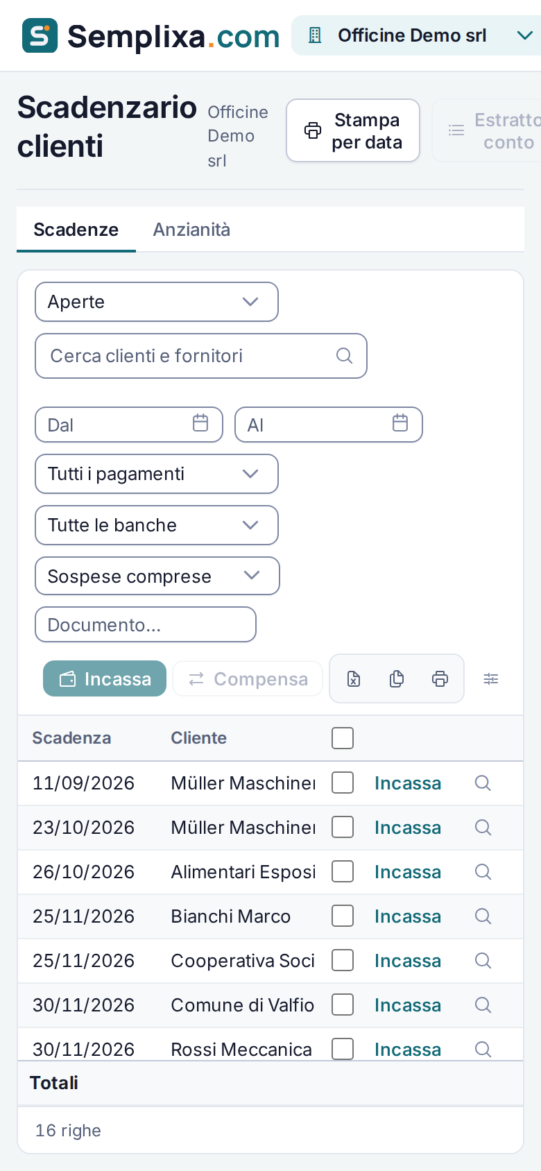 Scadenzario clienti su uno smartphone