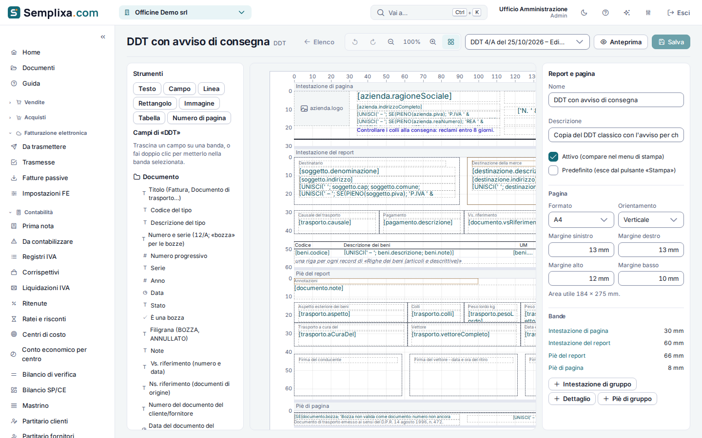Designer dei report con il modello di un DDT e le bande di stampa
